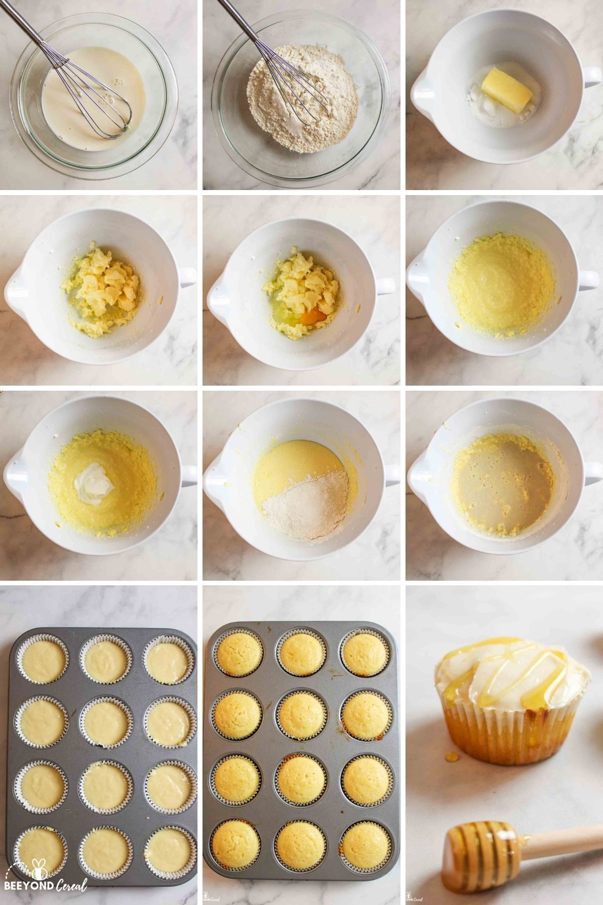 a collage showing how to make honey cupcakes