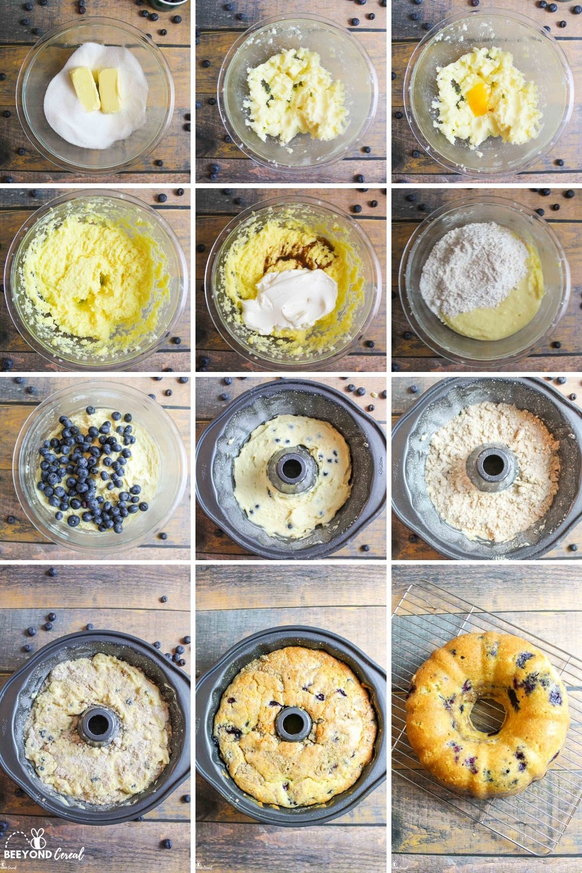 collage showing how to make blueberry coffee cake bundt cake