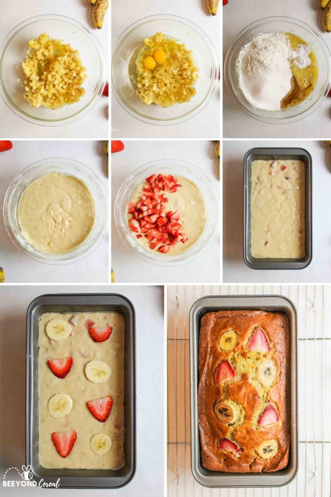 a collage showing how to make strawberry banana bread