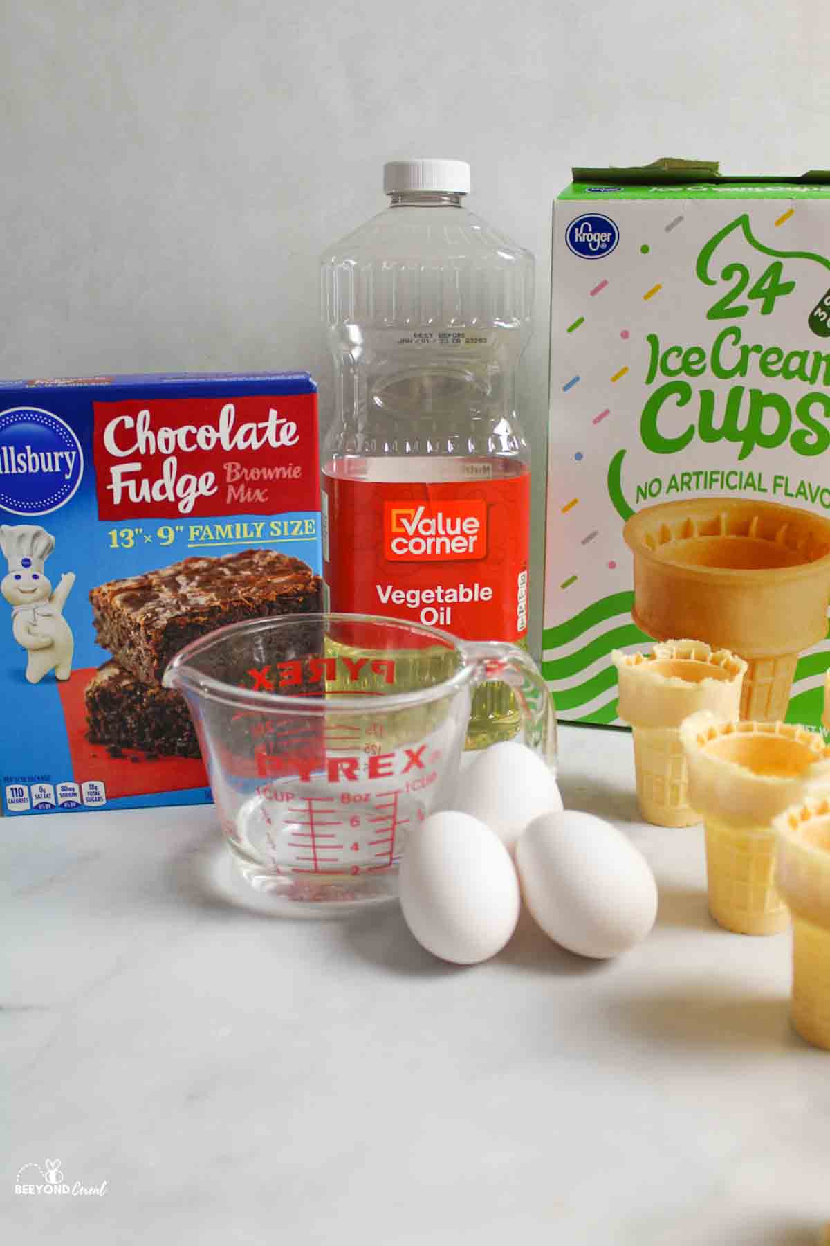 ingredients for brownie ice cream cones.