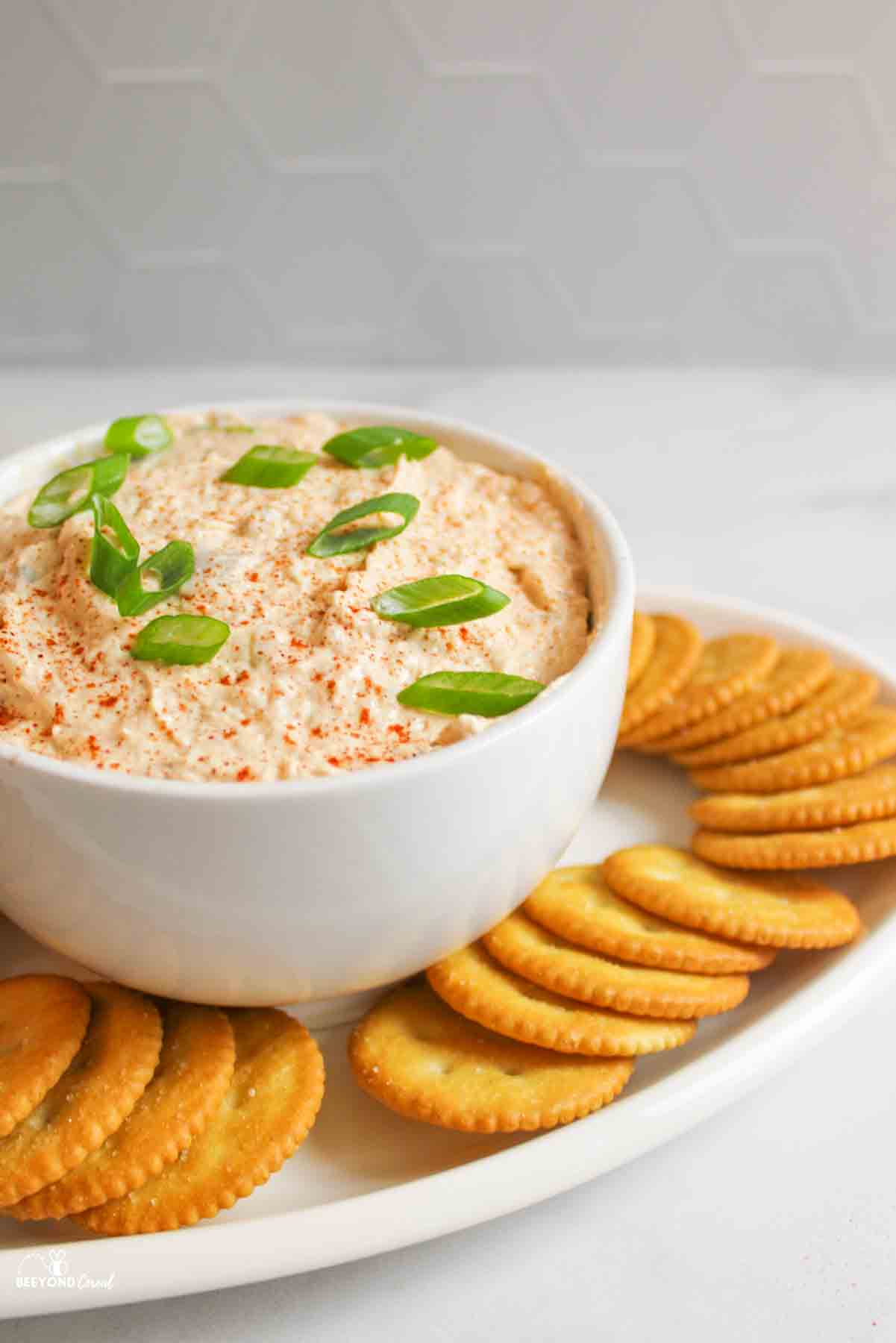 a bowl of trout dip on a white platter filled with Ritz crackers.