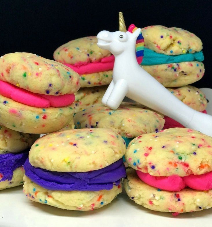 Unicorn sandwich cookies with a buttercream frosting filling