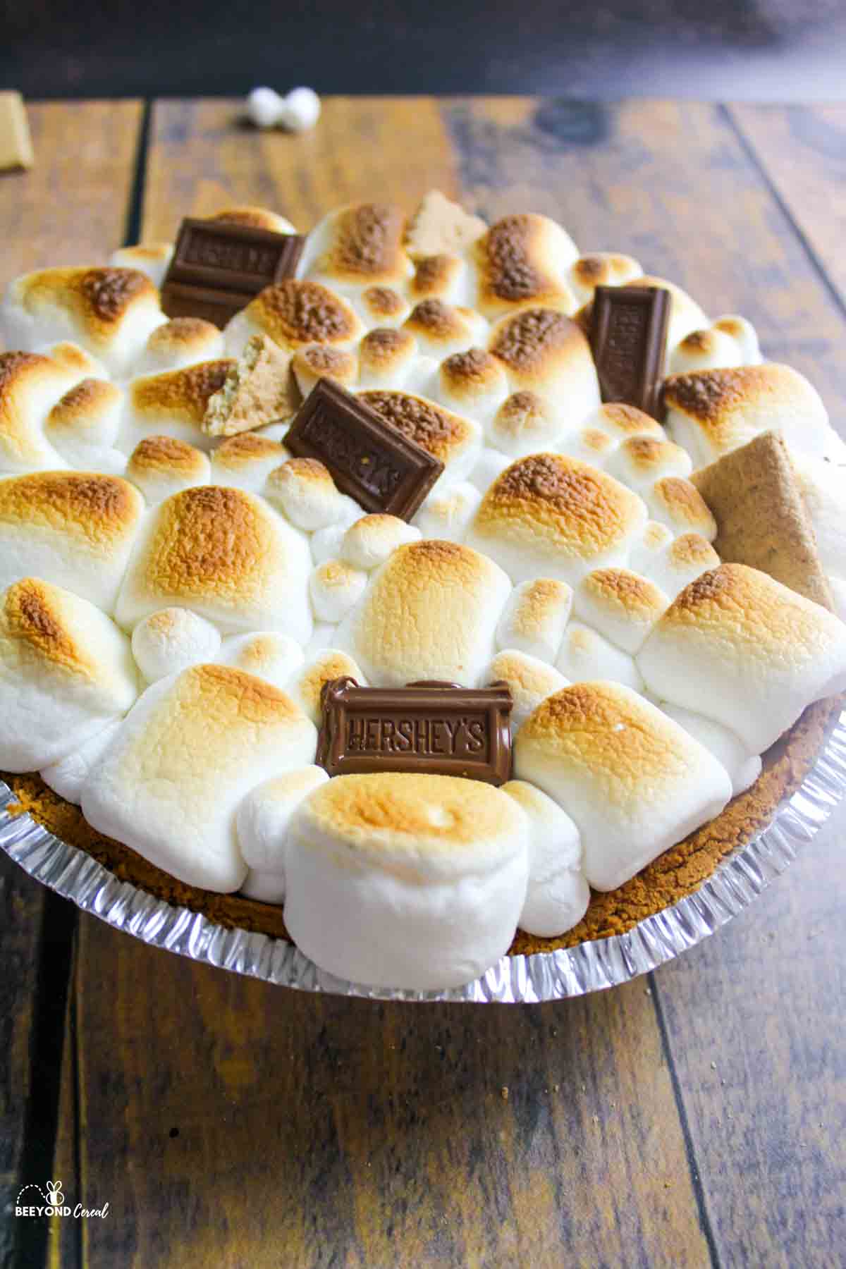 a baked and toasted pie with chocolate graham garnishes