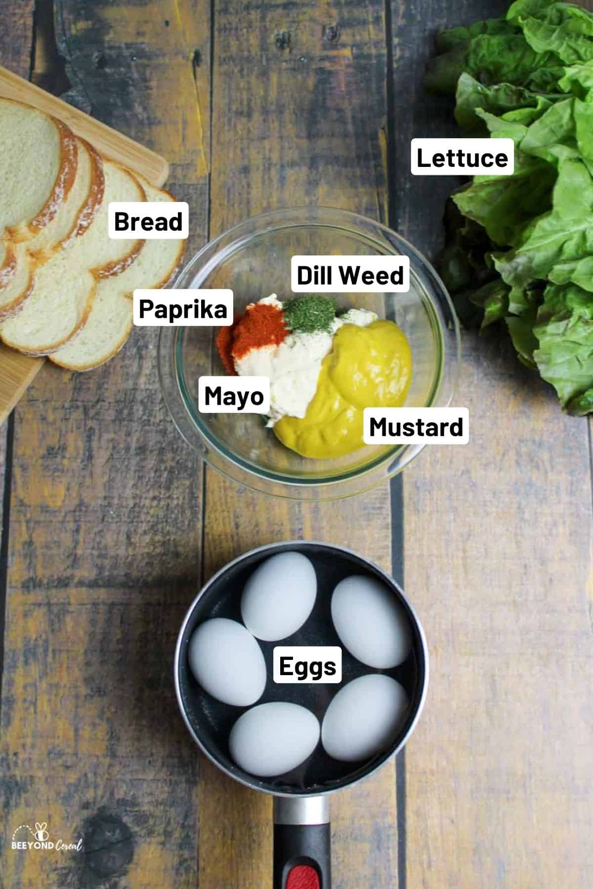 ingredients needed to make egg salad sandwiches.