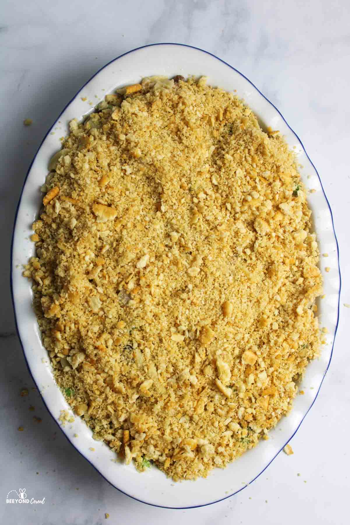 tuna noodle casserole topped with ritz crackers
