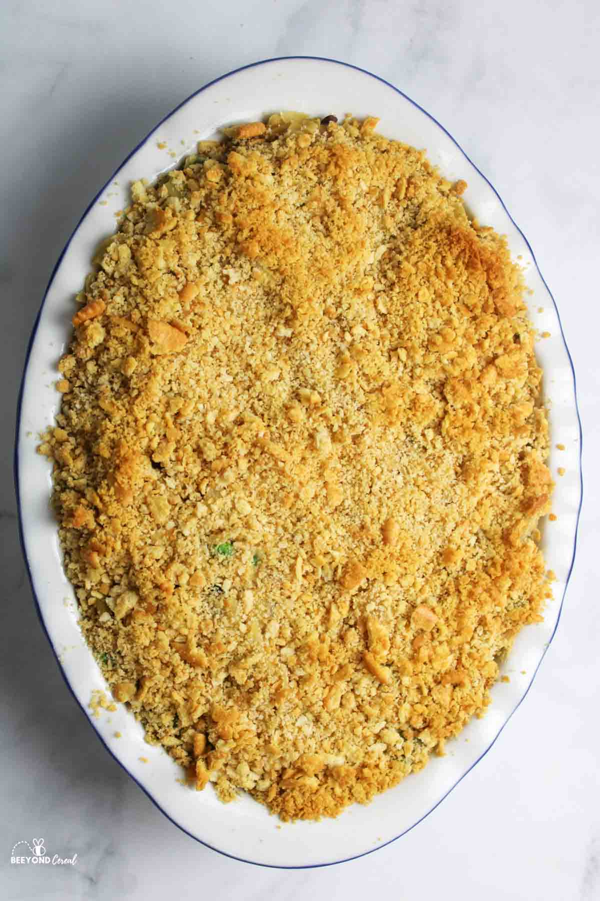 cooked tuna noodle casserole with ritz topping.