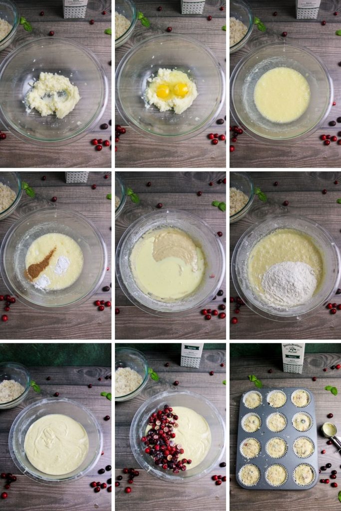 collage showing how to make cranberry eggnog muffins