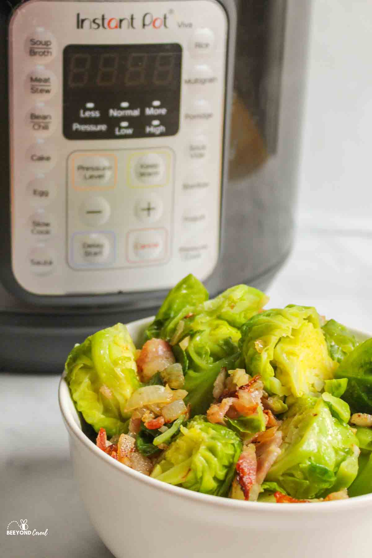 plate filled with bacon brussel sprouts in front of instant pot.