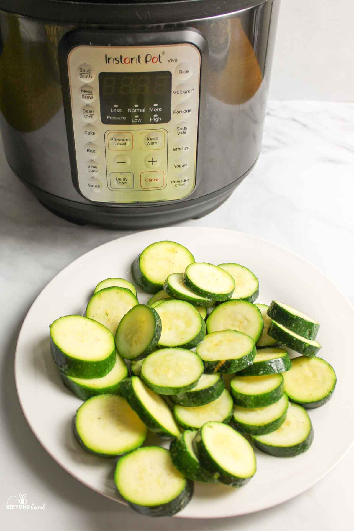 a plate of zucchini slices in front of instant pot