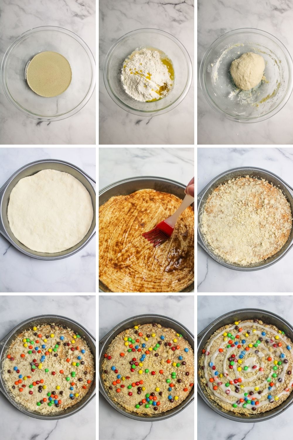 collage showing how to make dessert streusel pizza
