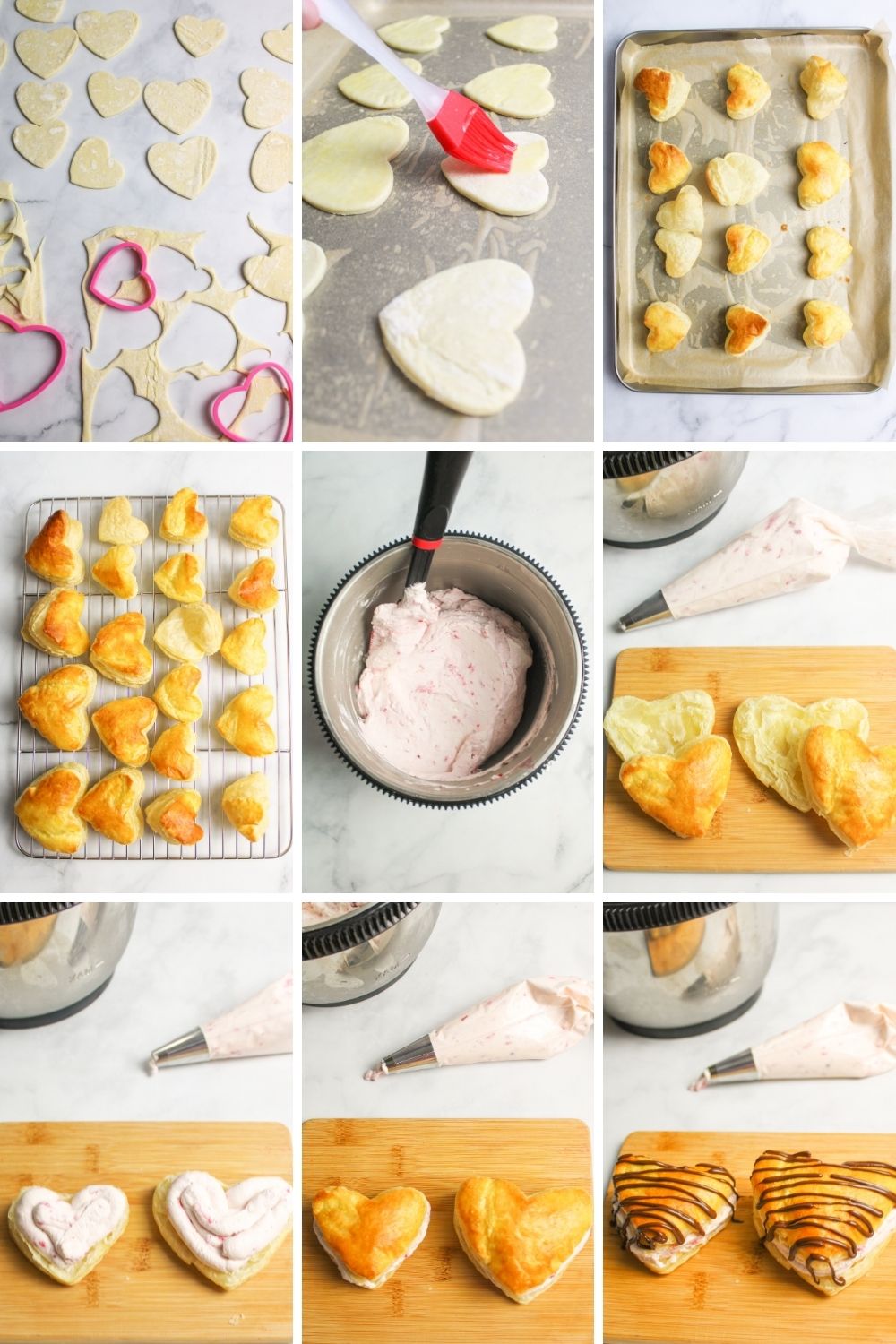 a collage showing how to make valentines cream puffs