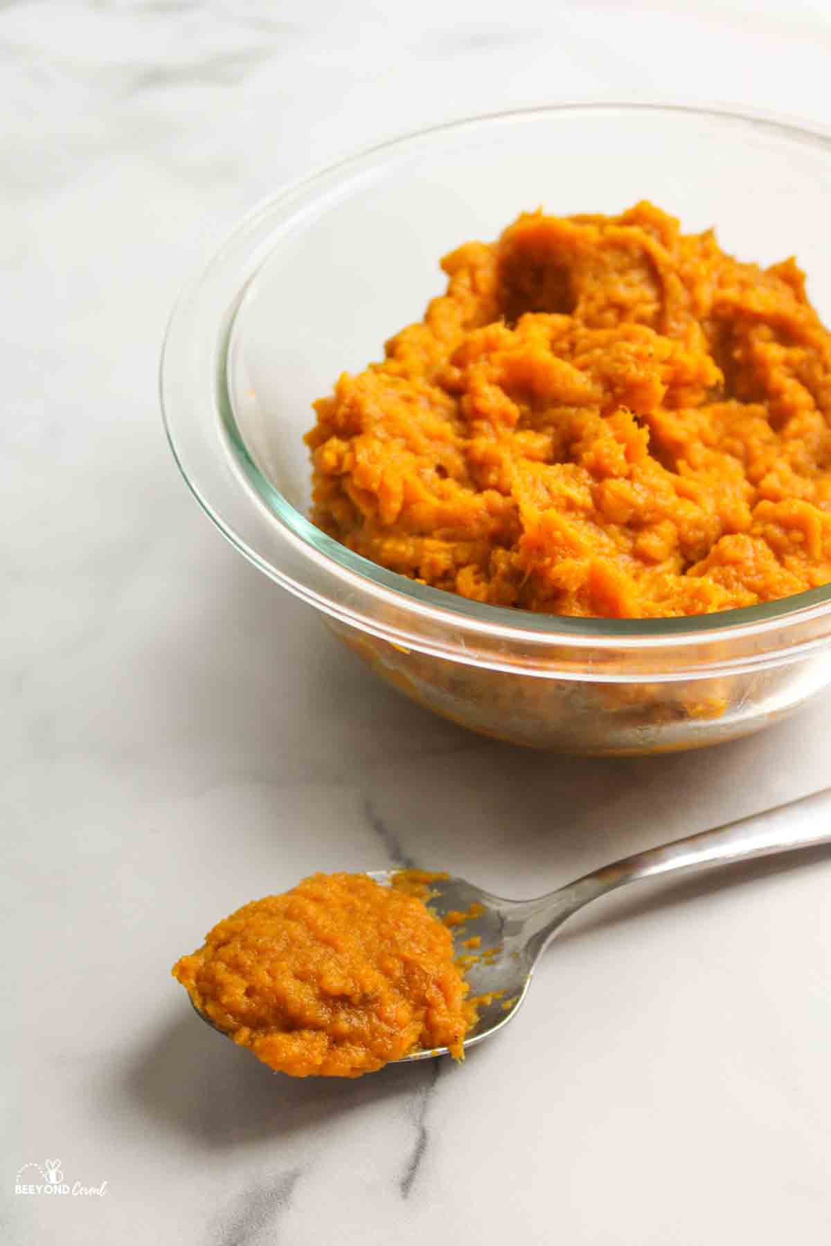 mashed sweet potatoes in a bowl and on a spoon to the side