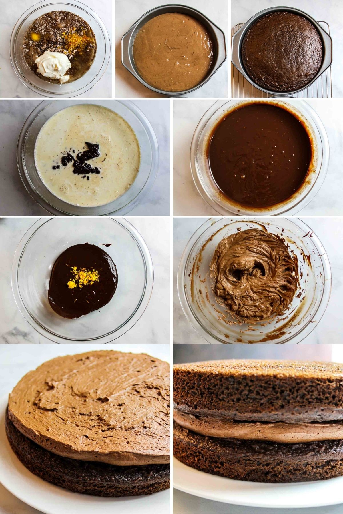 a collage showing how to make the cake and ganache ad whipped ganache filling