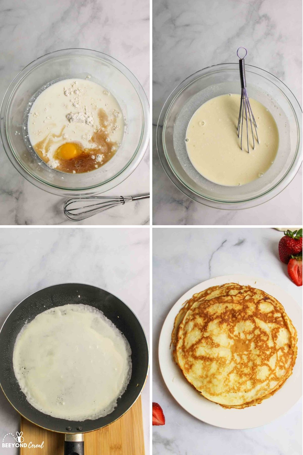 collage showing how to make pancake mix crepes