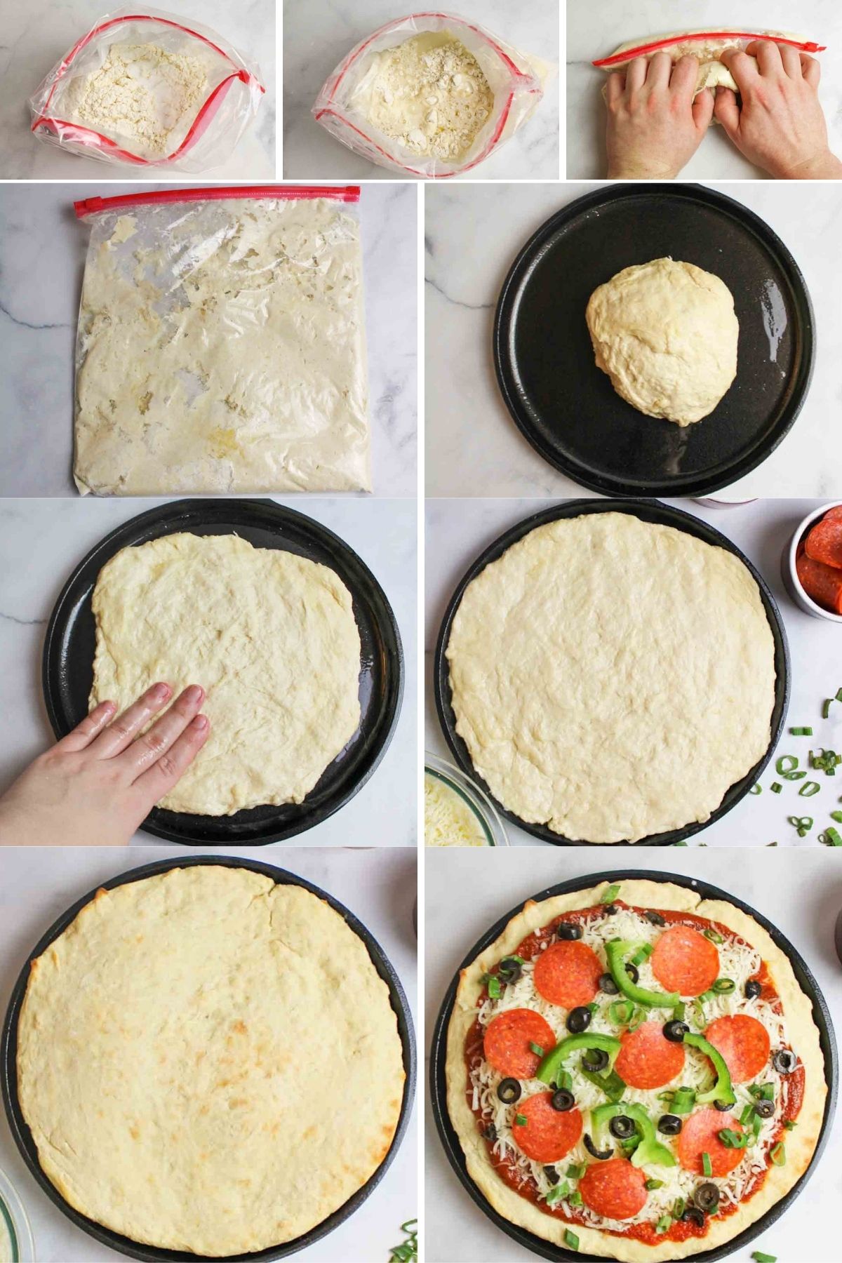 collage showing hot to make pizza crust in a bag