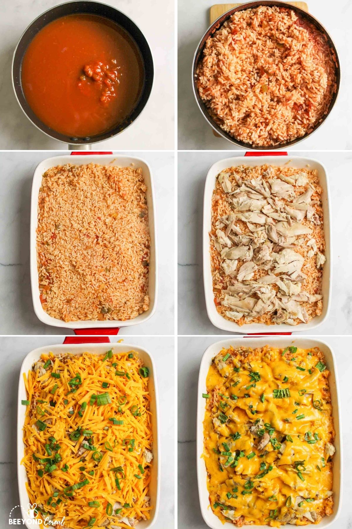 a collage showing how to make salsa rice and chicken
