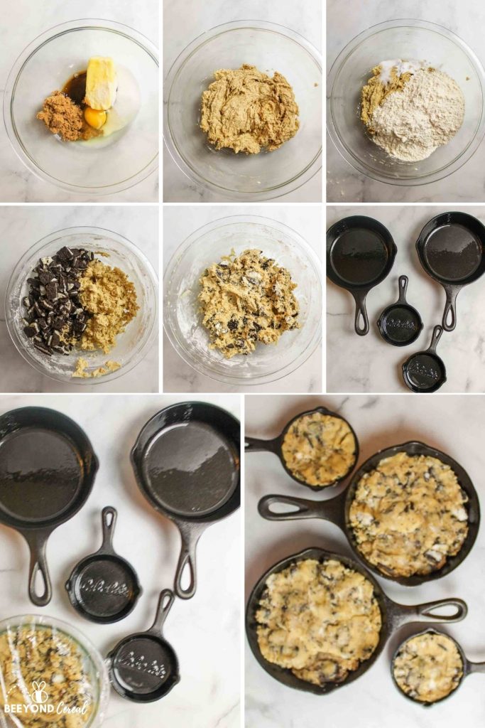 a collage showing how to make oreo pizookies