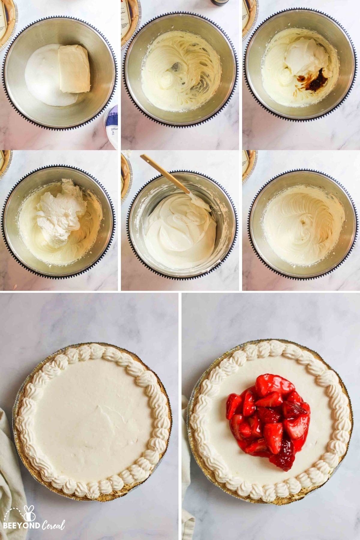 a collage showing how to make no bake cheesecake with cool whip