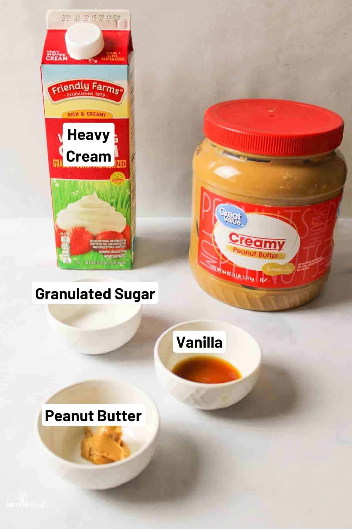 the ingredients needed to make peanut butter ice cream in a mason jar.