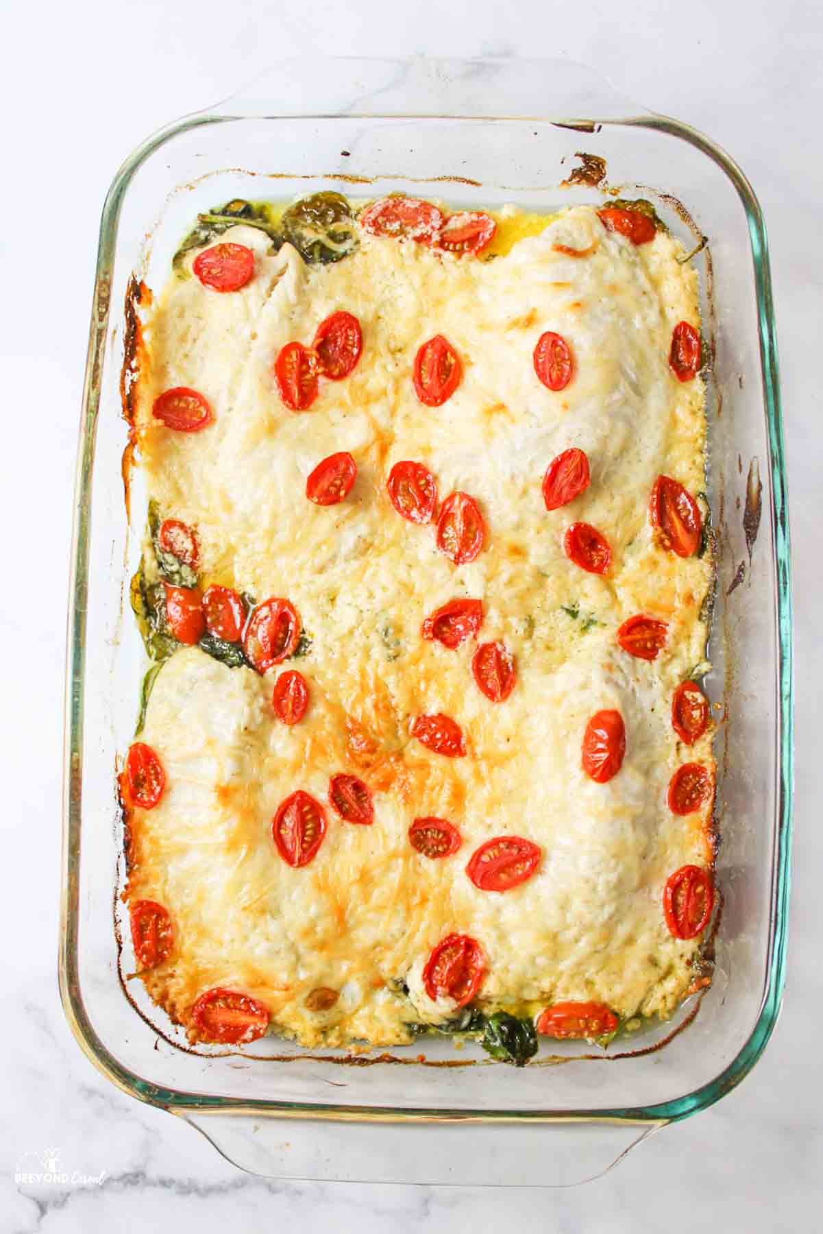 aerial view of a baking dish filled with creamy tilapia with cherry red tomatoes