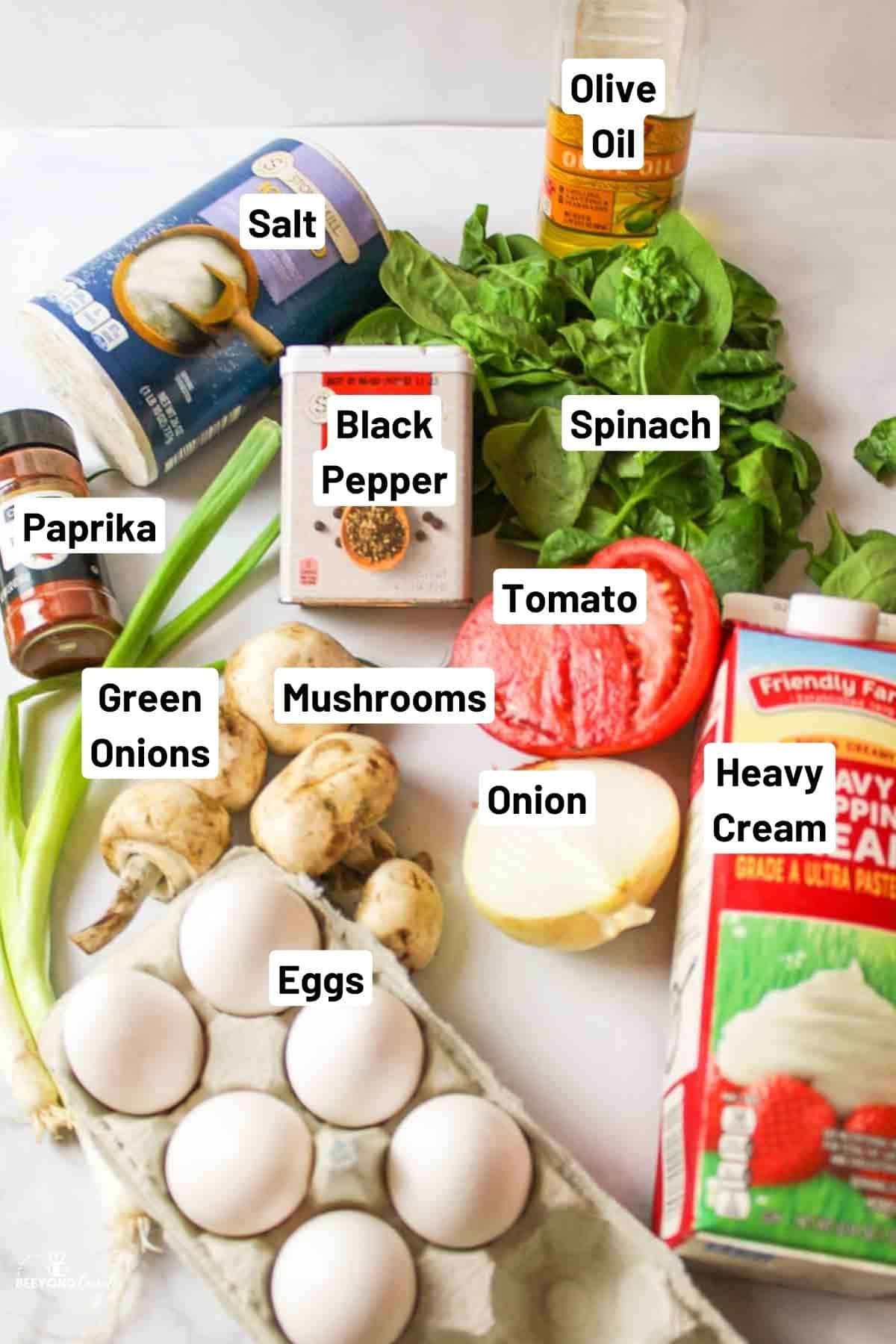 labeled ingredients needed to make veggie quiche.