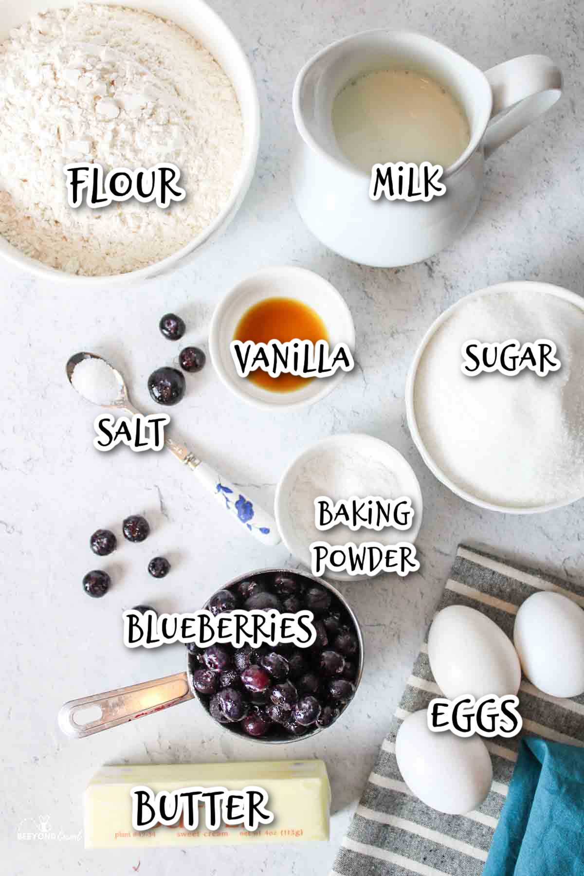 ingredients needed to make blueberry muffins from scratch.
