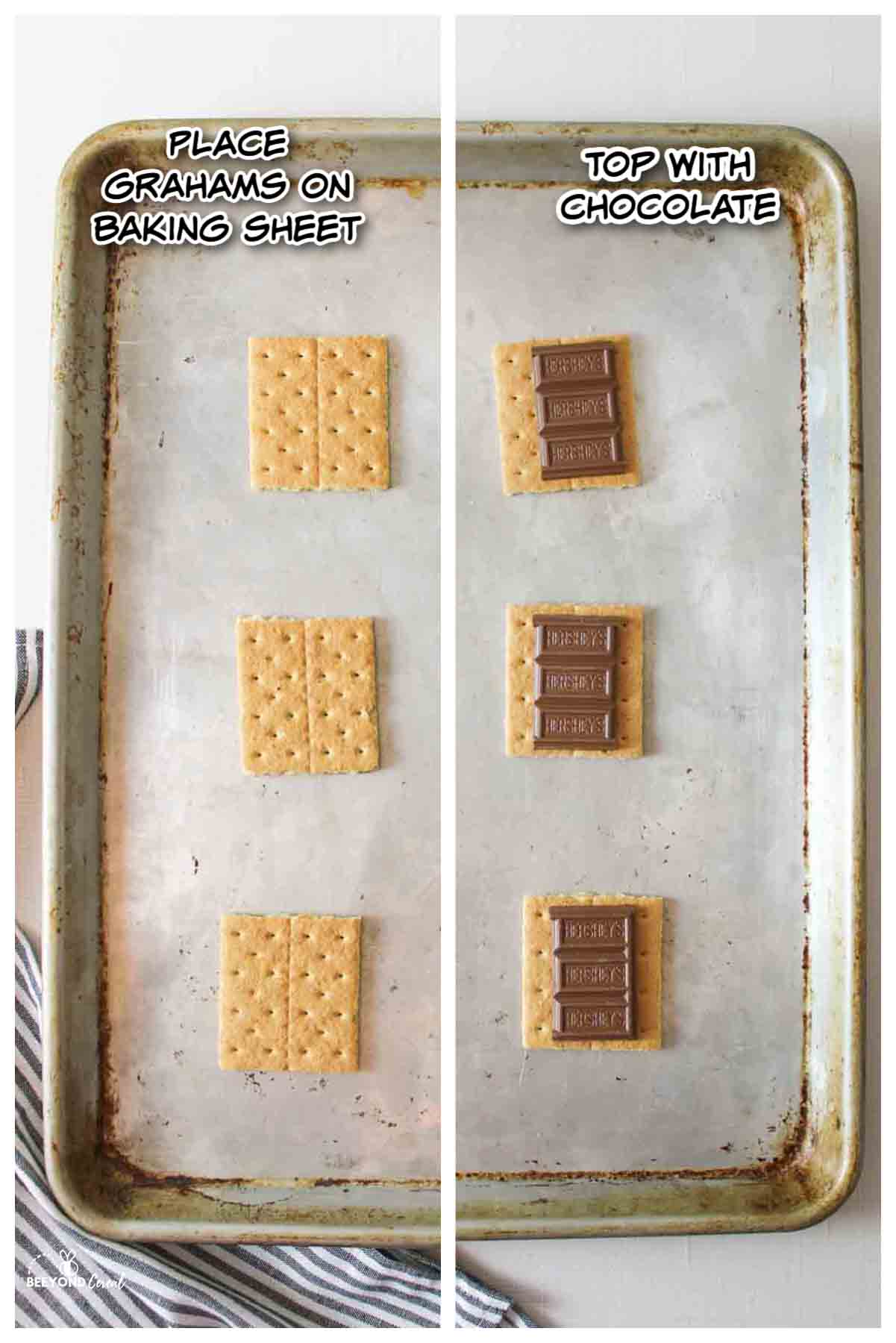 illustrated steos for making broiled smores, placing graham crackers on baking sheet and topping each with chocolate pieces