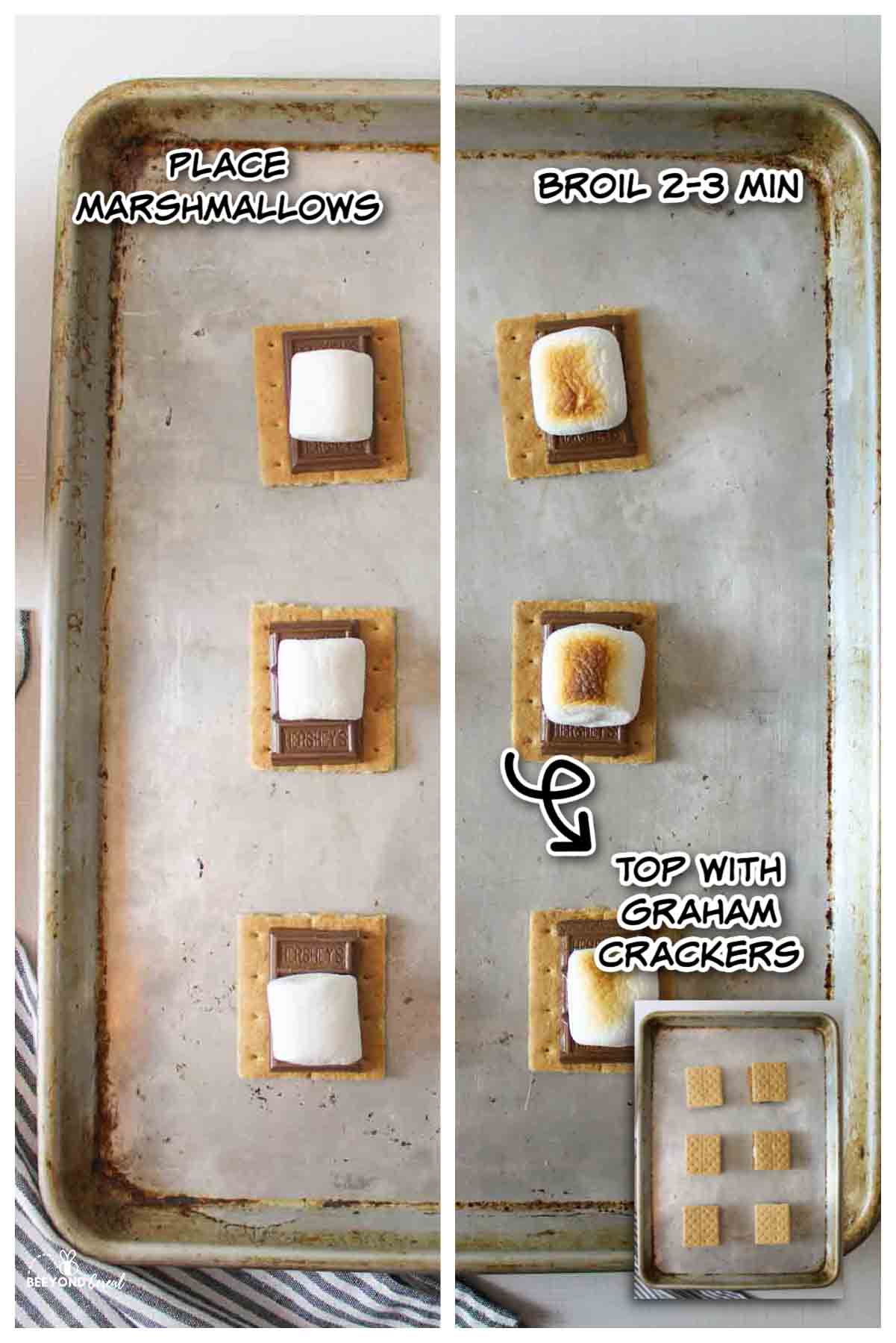 Place marshmallows on baking sheet. Broil. Top with graham cracker.