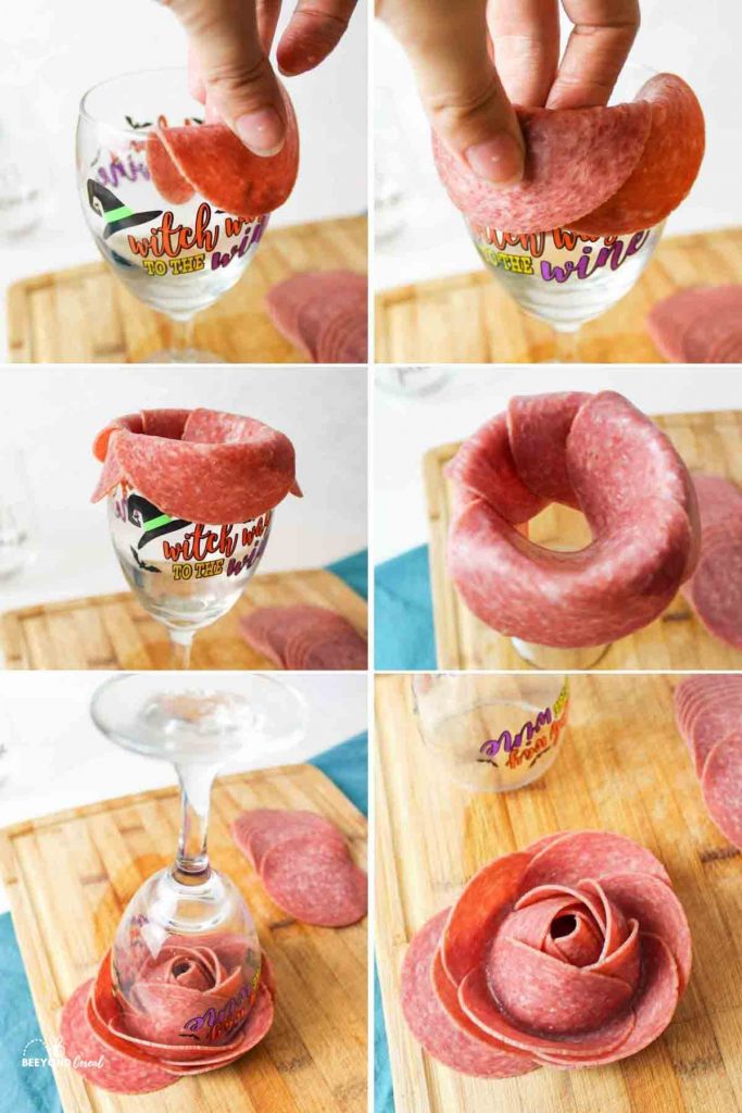 a collage showing how to make a meat flower with a wine glass