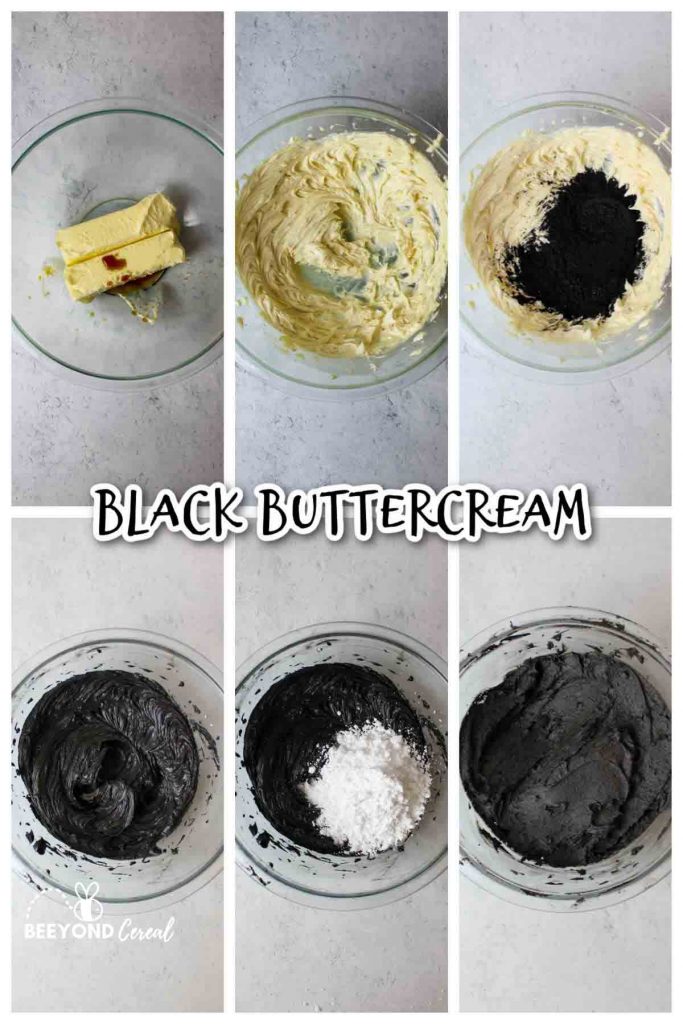 collage showing how to make black buttercream