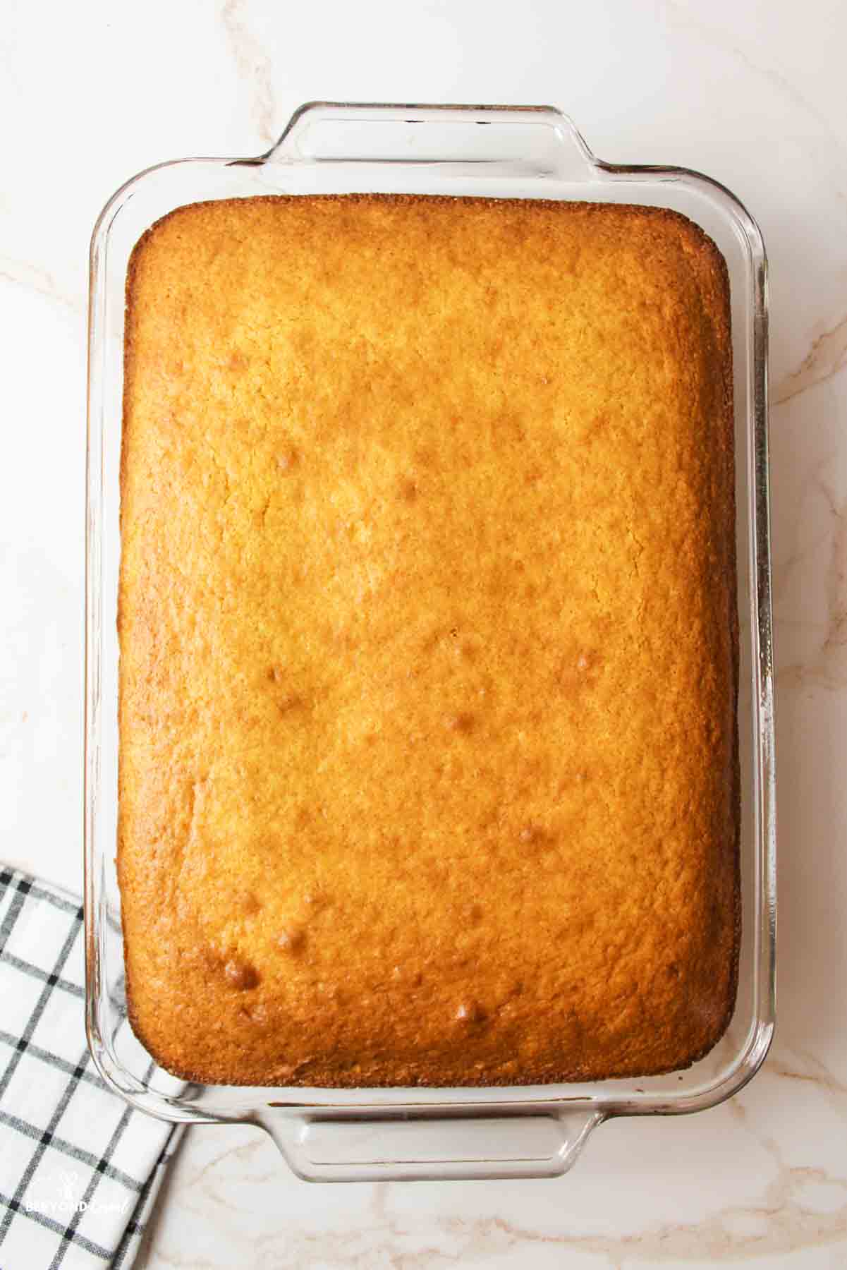 a baking dish filled with baked cornbread.