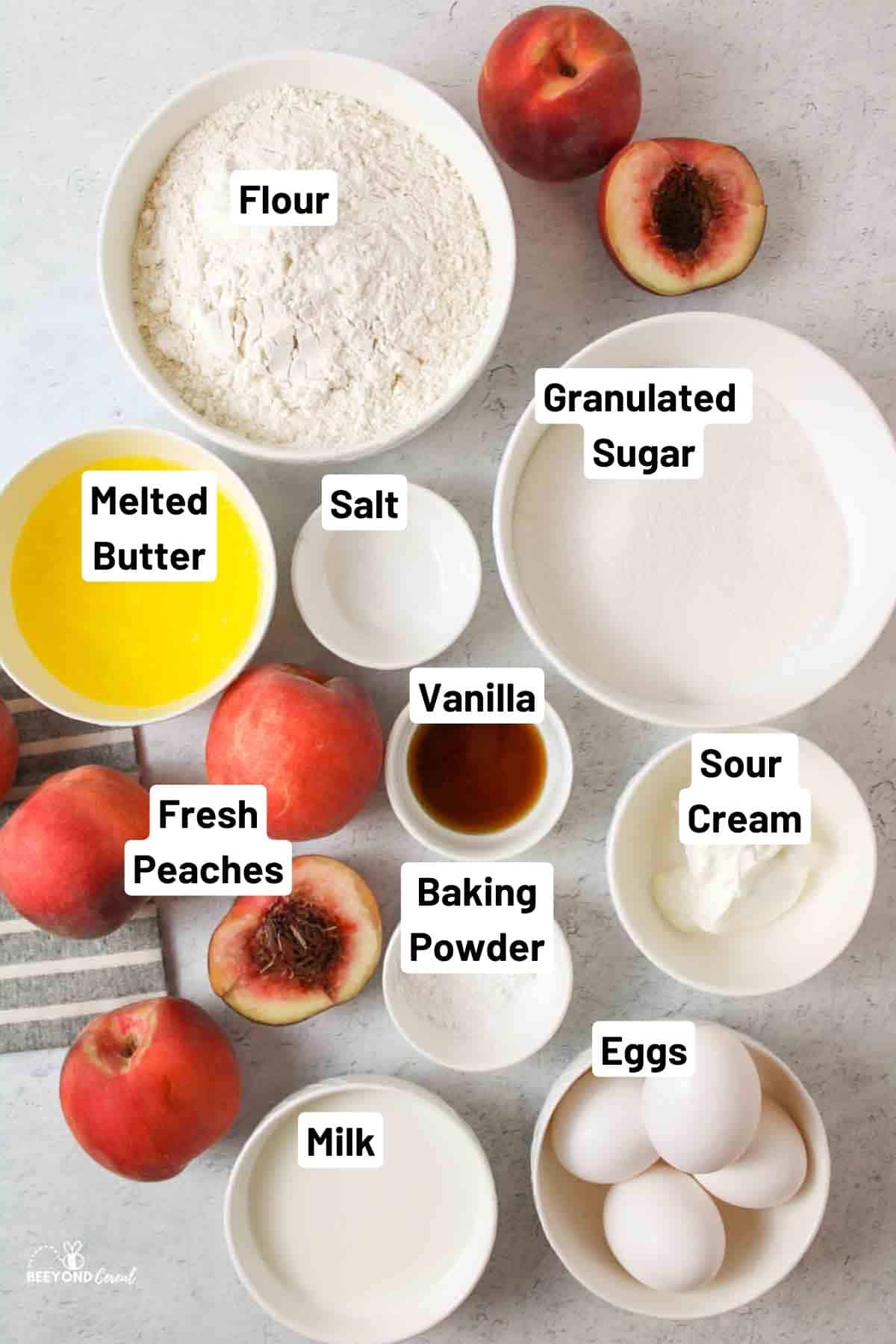 the ingredients needed to make fresh peach bundt cake