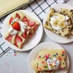 three plates of different flavored sheet pan pancakes.