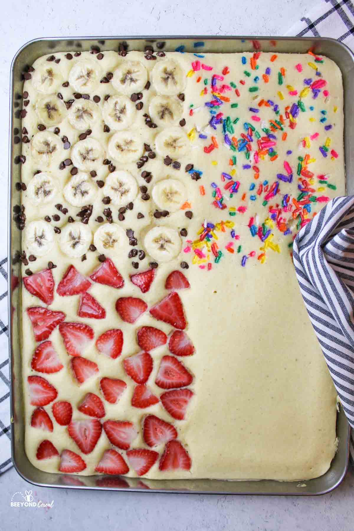 baked sheet pan pancakes with different flavor options.