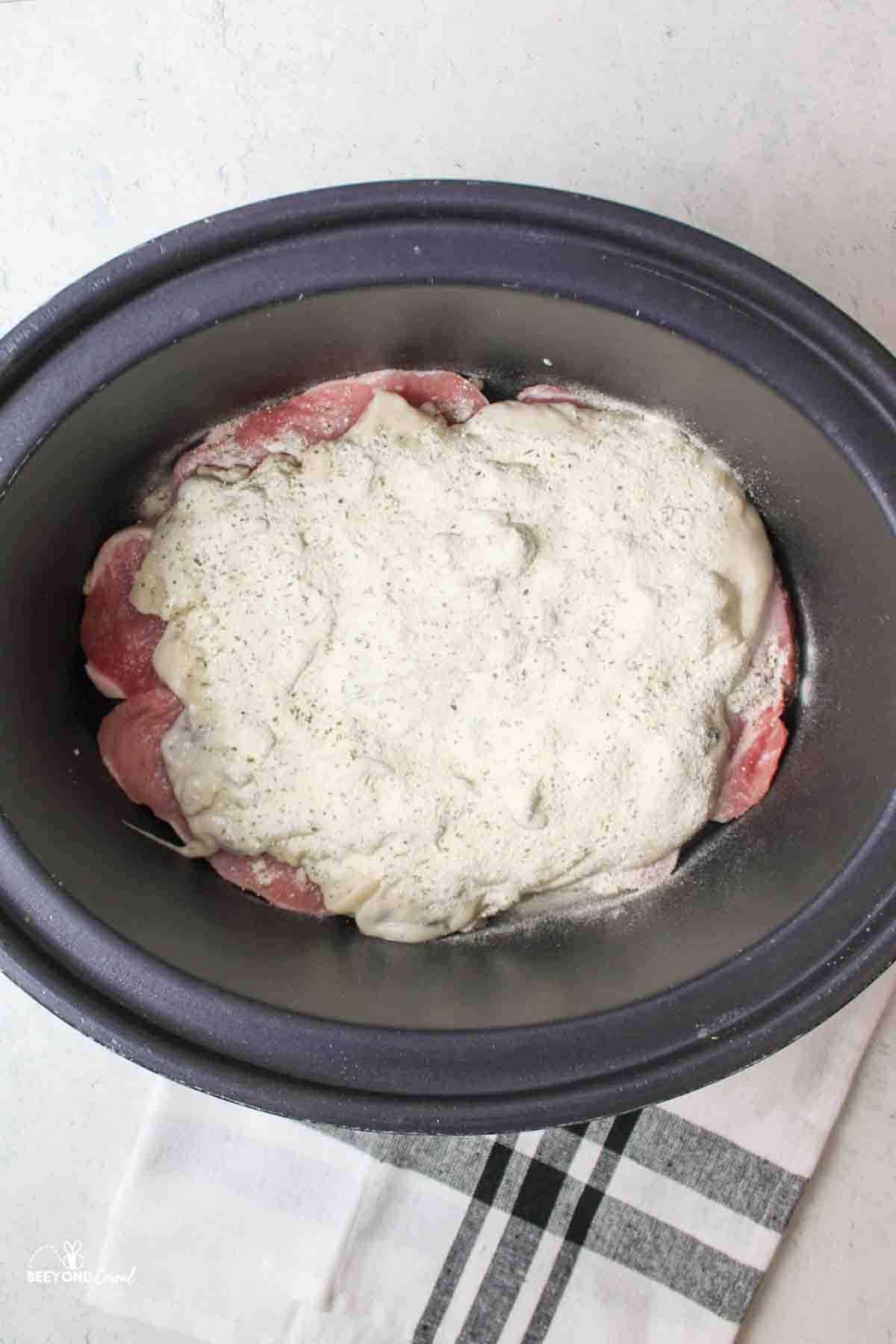 aerial view of crockpot filled with pork chops and cream of mushroom soup and ranch seaoning packet on top