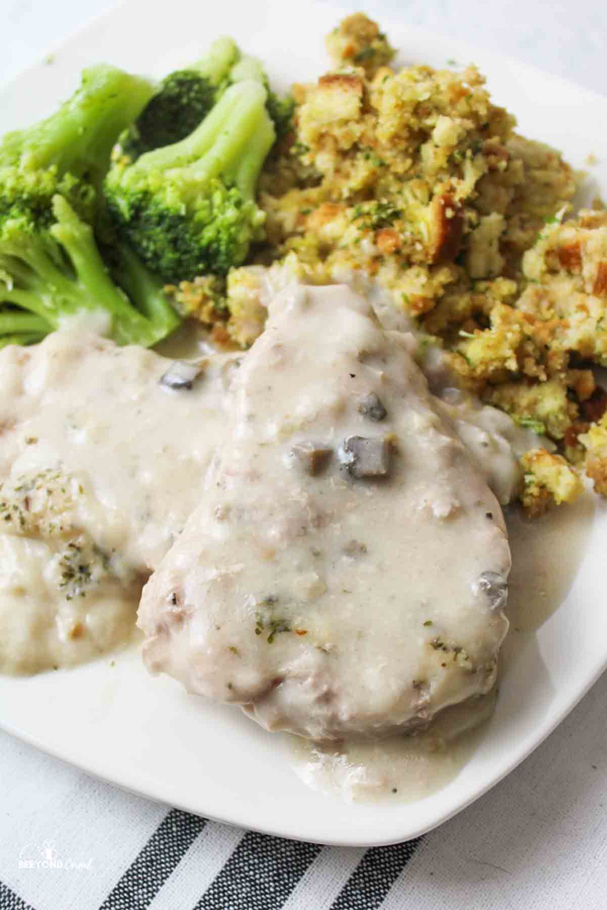 stacked porkchops on a plate with side dishes.