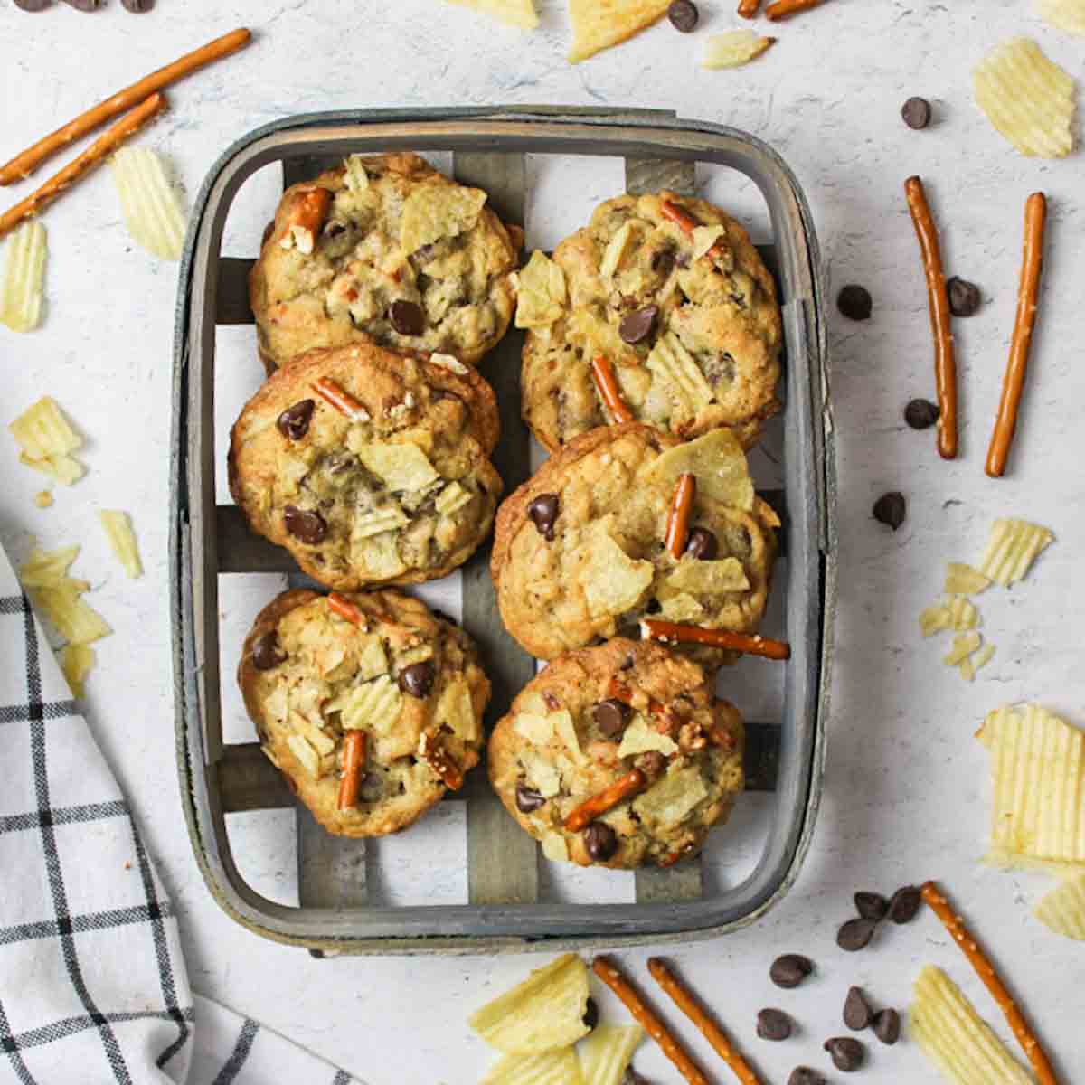 Chocolate Chip Cookies with Potato Chips and Pretzels.