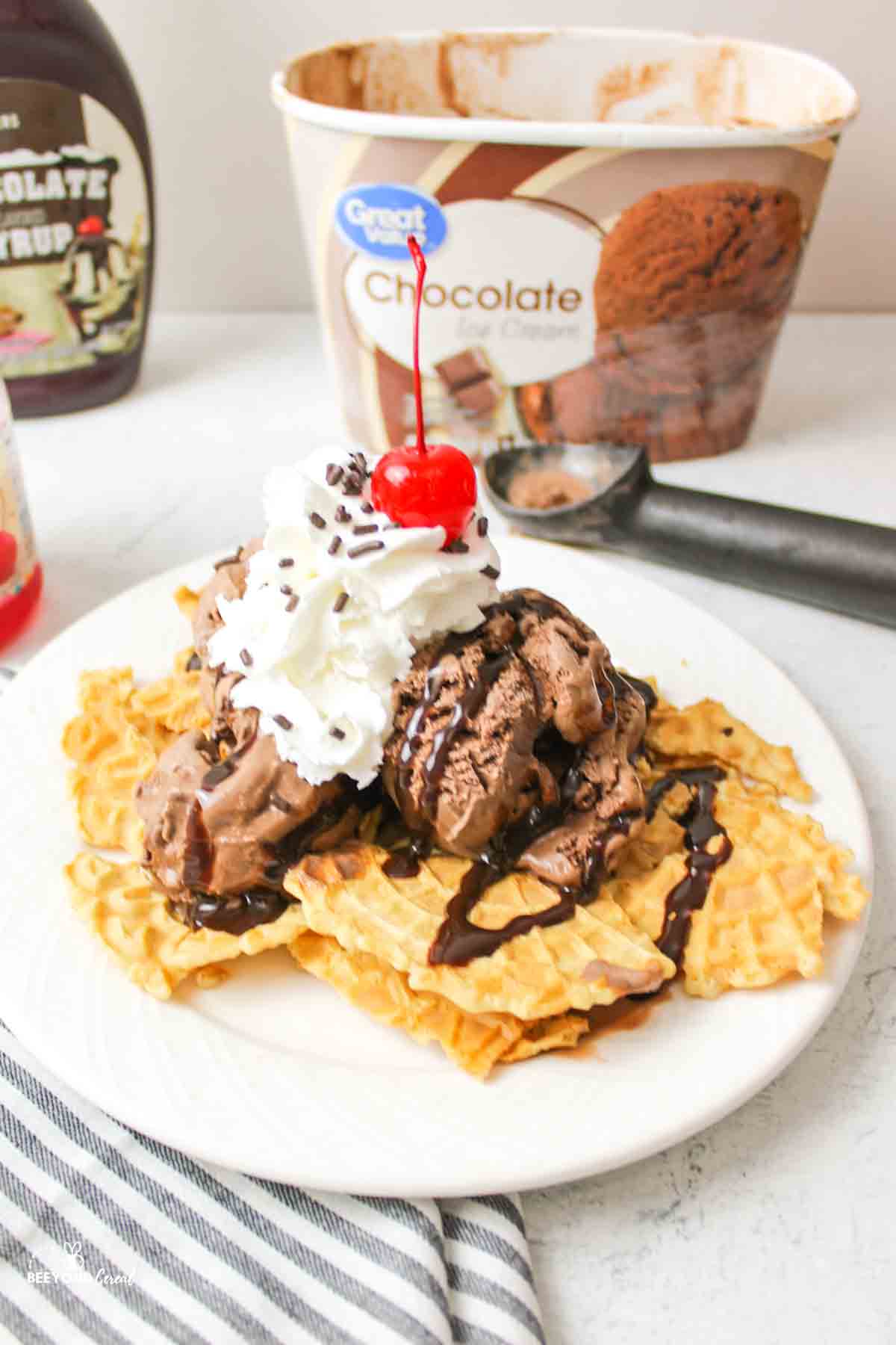 a chocolate ice cream nacho dessert on a plate with ice cream and scooper in background