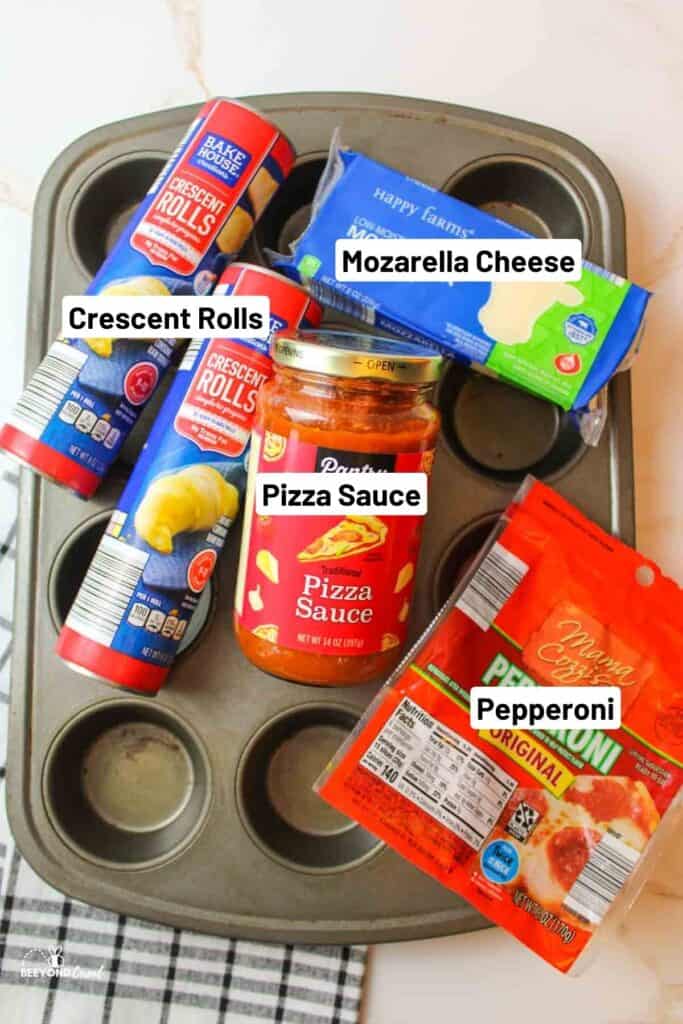 ingredients needed to make pepperoni pizza bombs on a muffin tray