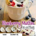 promotional graphic for this recipe blueberry muffin in a mug