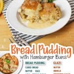 promotional graphic for this recipe bread pudding with hamburger buns