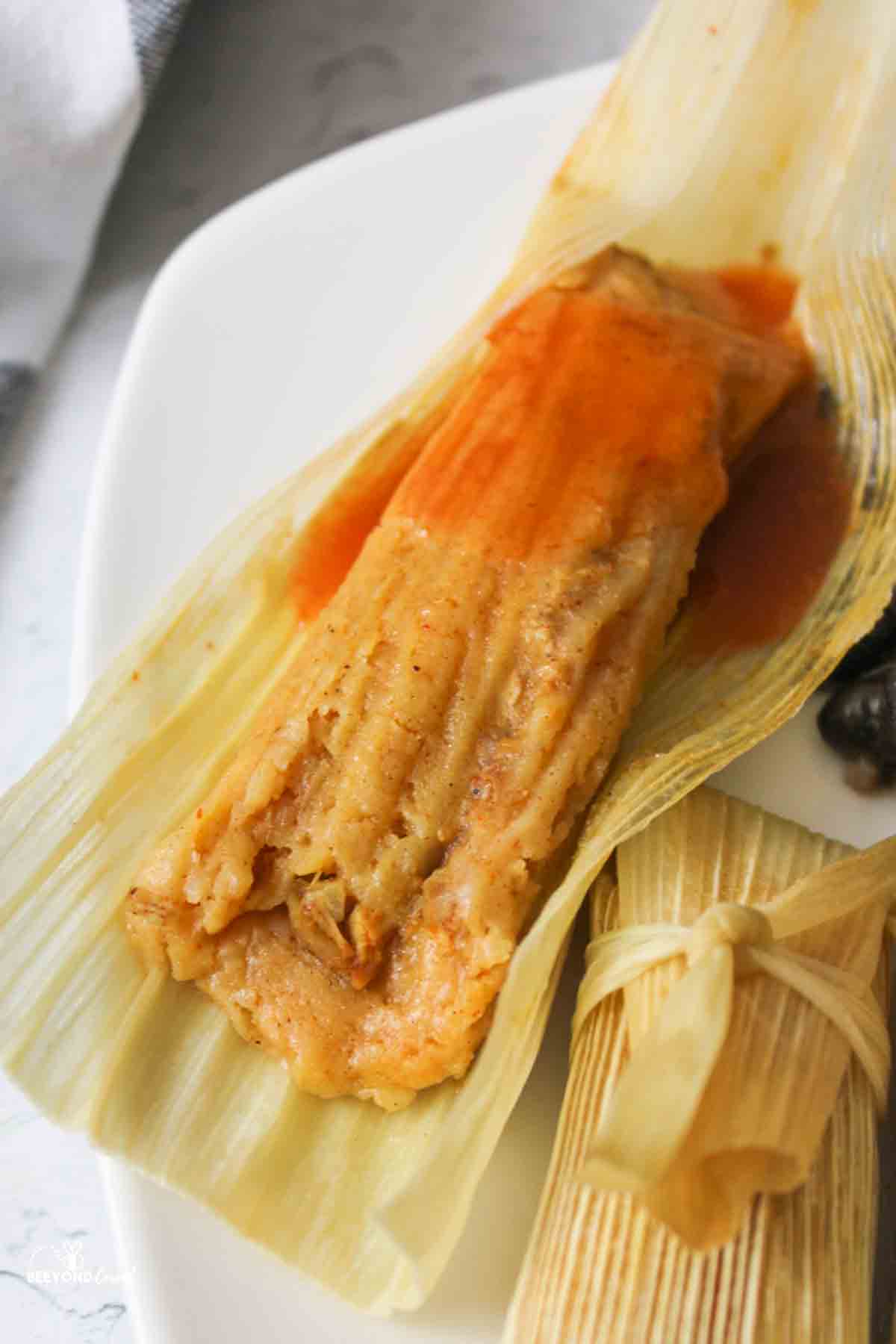 sauce topped turkey tamale on a plate next to a wrapped tamale