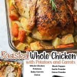 promotional graphic for roasted whole chicken with potatoes and carrots