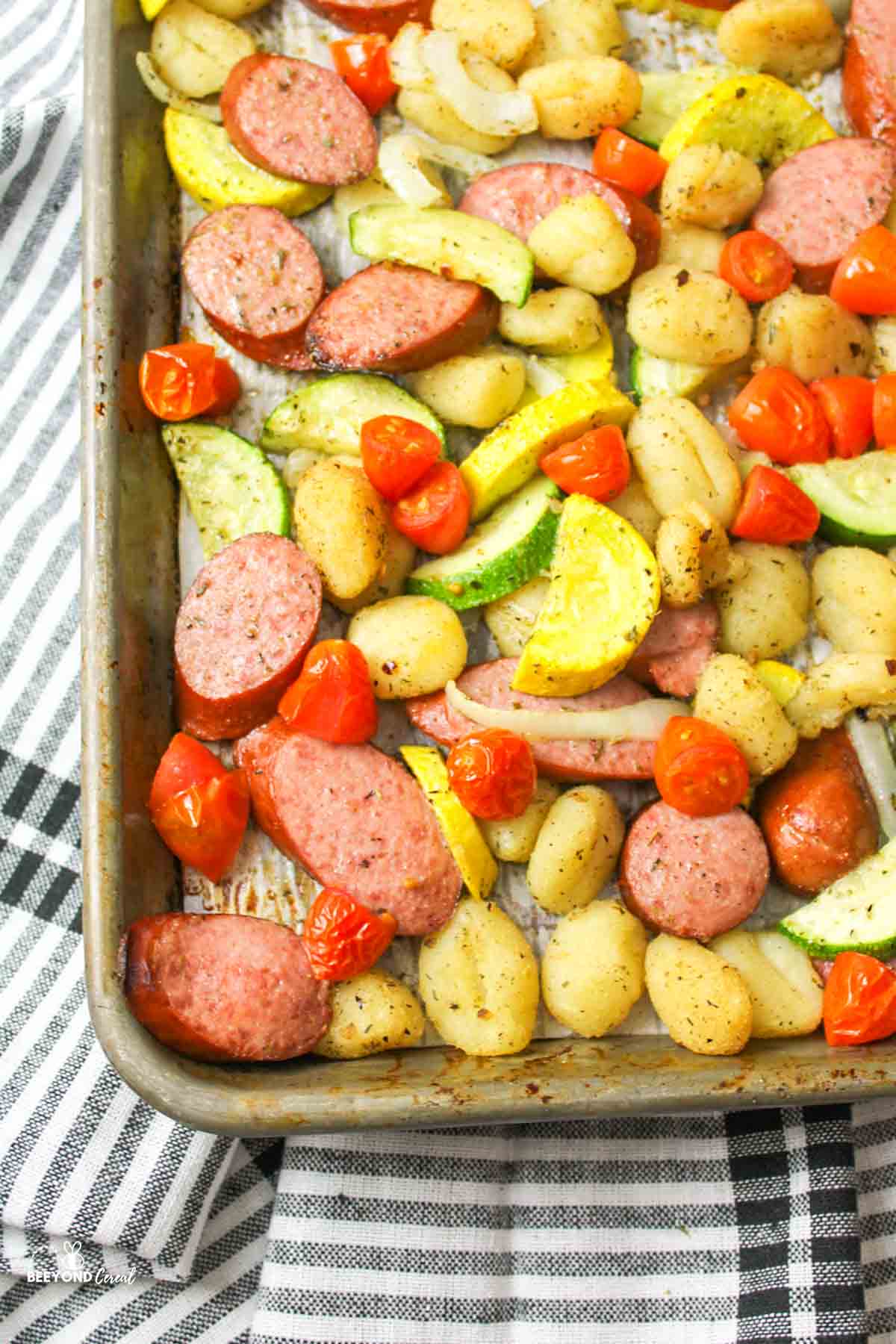 a sheet pan gnocchi with sausage and vegetables.