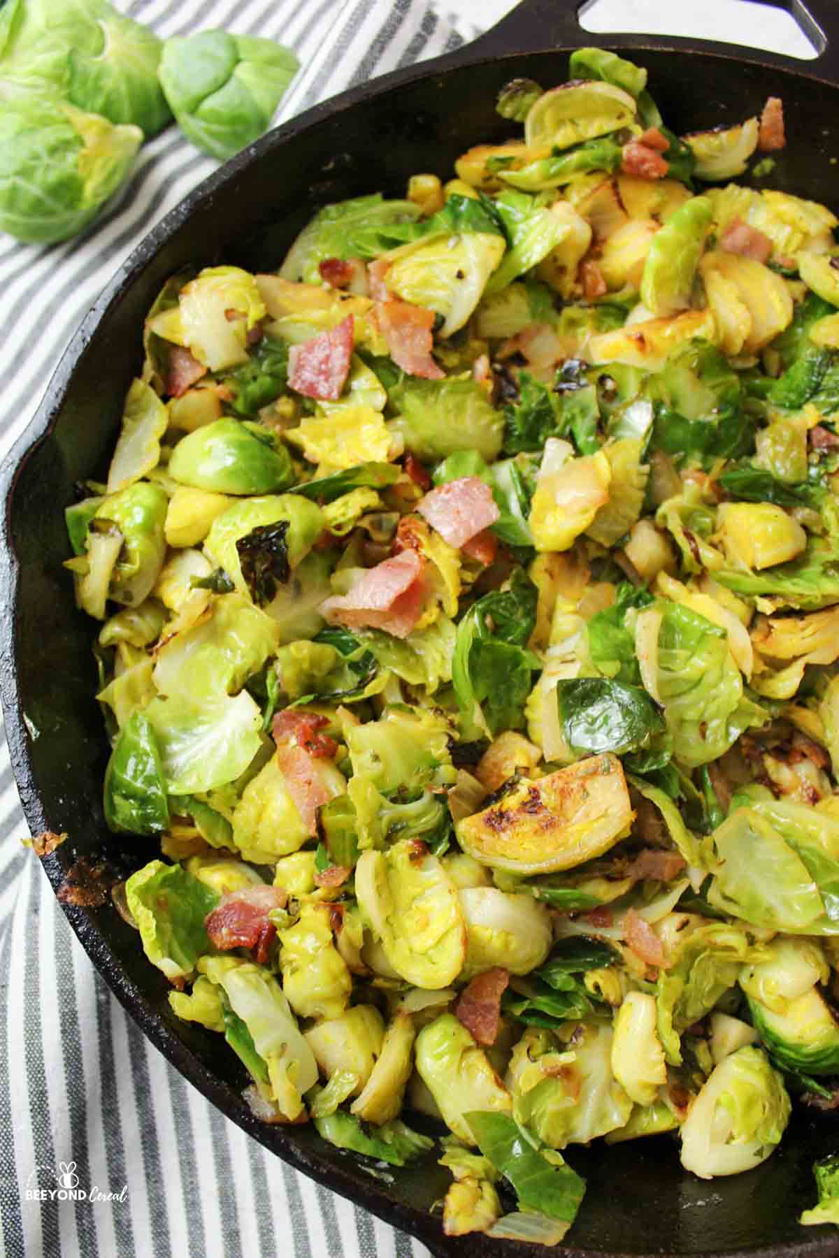 bacon ranch brussel sprouts in a pan.