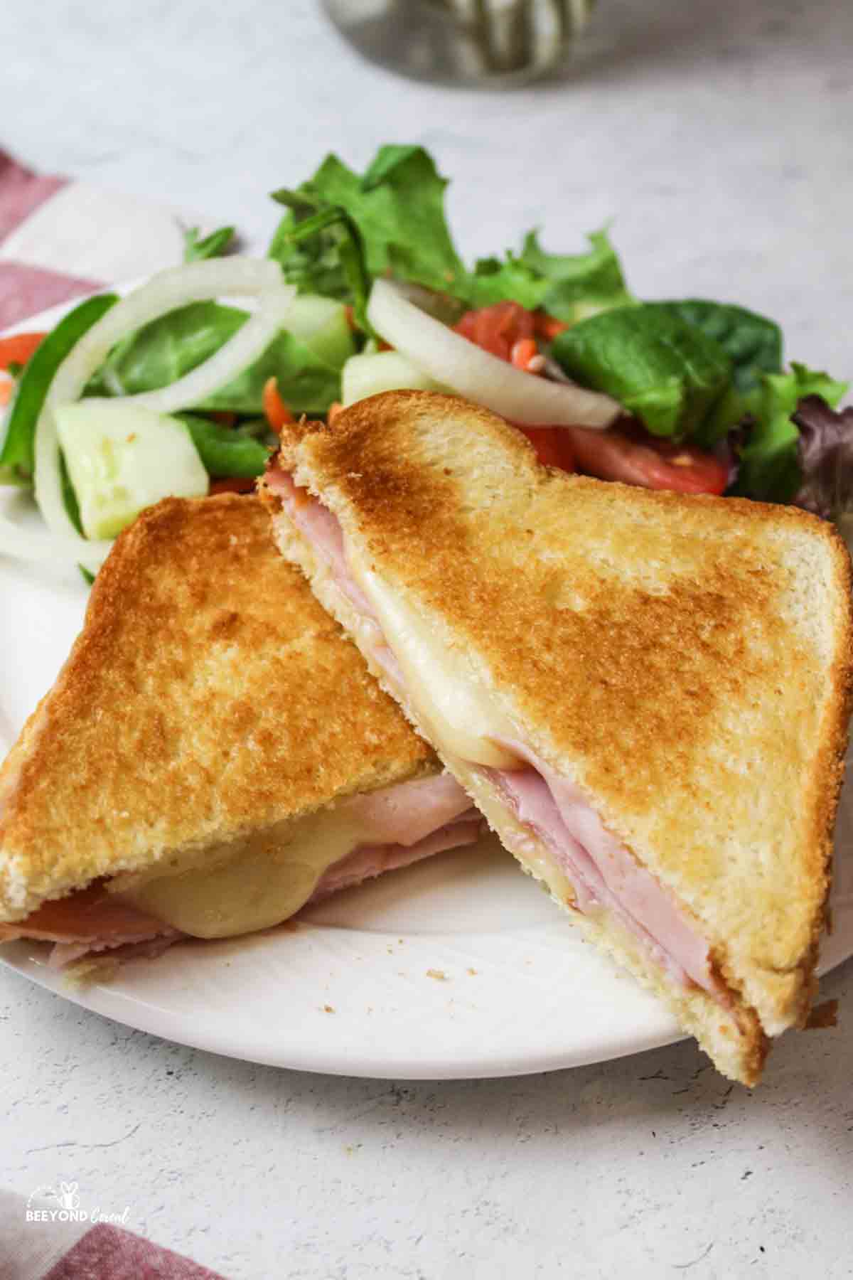 two golden halves of grilled ham and cheese sandwich on a serving plate with a salad.