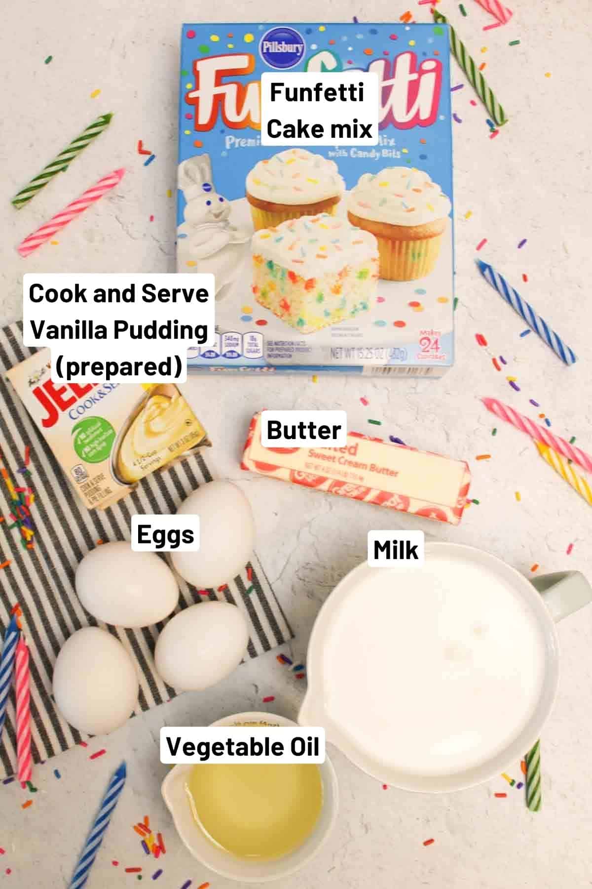 the ingredients needed to make funfetti birthday cake crepes recipe