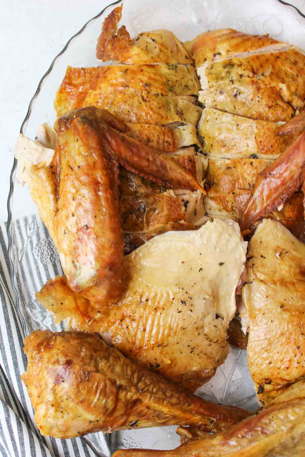 a plate filled with sliced roasted turkey pieces.