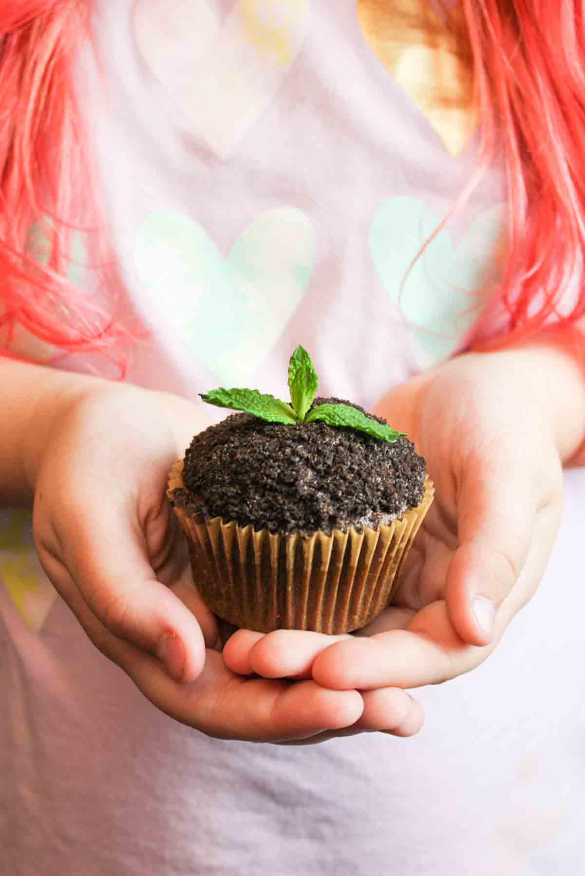 a girls hands holding an earth day cupcake in her palms