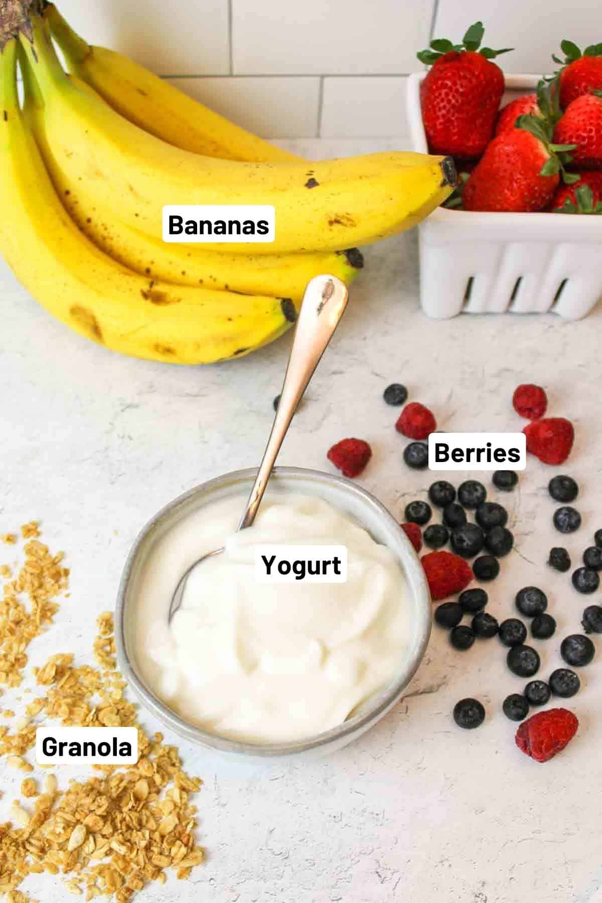 ingredients needed for yogurt banana splits.